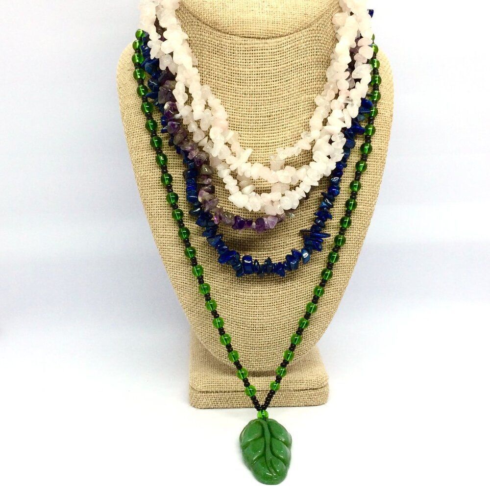 GEMSTONE NECKLACE LOT ROSE QUARTZ AMETHYST GREEN PENDANT CHIP GEM STONE
